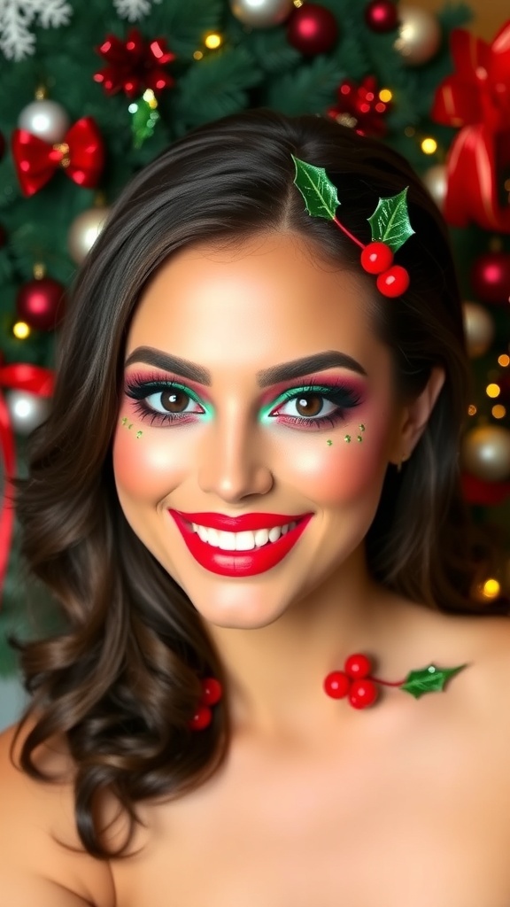 Festive Christmas makeup with red and green eyeshadow and holly accents.